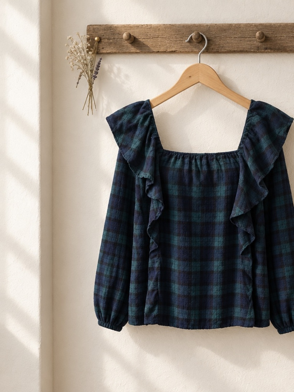 Plaid Ruffle Square-Neck Top - Navy/Green J Crew